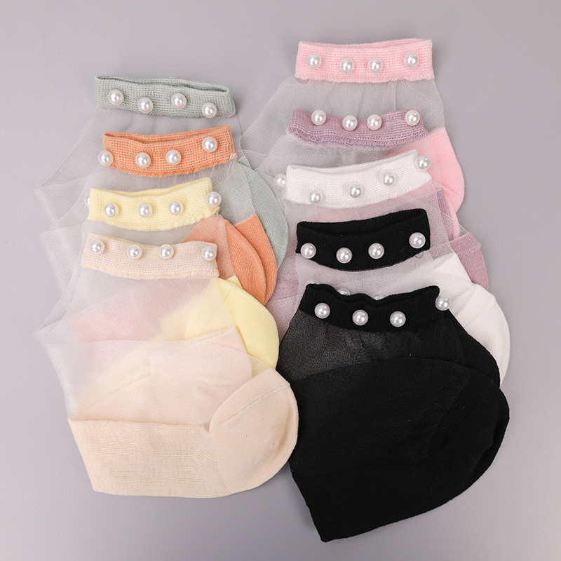 Moda nailon, mătase transparentă, bumbac, jos, șosete de barcă pentru femei, sus, perle, sticlă, cristal, mătase, șosete pentru bărci WSD1288